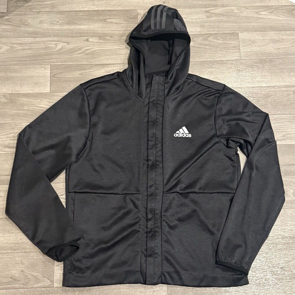 Adidas Men's Black Hooded Full-Zip Track Jacket Size L Polyester